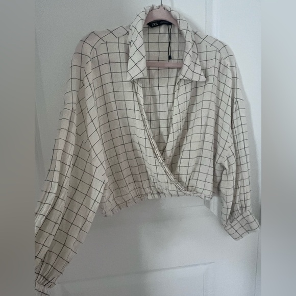 Zara Plaid Cropped Wrap Collar Top Size Large - Picture 6 of 14